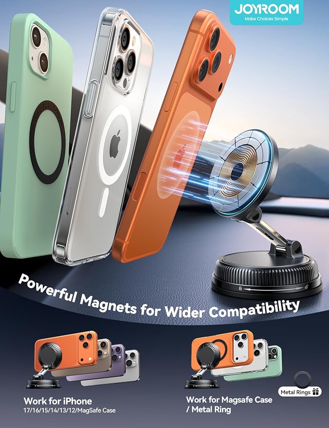 JOYROOM for iPhone 15W Magsafe Car Charger with Vacuum & Gel Strong Suction | 360° Vacuum Magnetic Car Phone Holder Charger, Car Mount for iPhone (Orange)