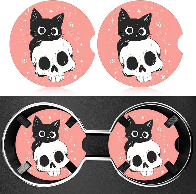 2 Pack Car Cup Holder Coaster, 2.63 inch Anti Slip Insert Absorbent Ceramic Car Coaster with Cork Base and Finger Notch, Cute Car Accessories Interior for Women, Cute Car Coasters.