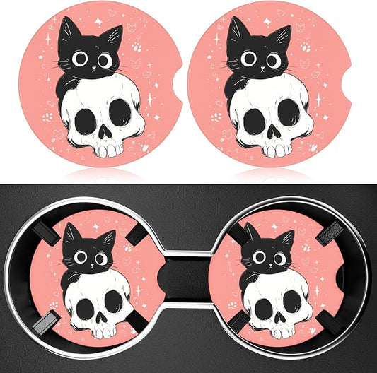 2 Pack Car Cup Holder Coaster, 2.63 inch Anti Slip Insert Absorbent Ceramic Car Coaster with Cork Base and Finger Notch, Cute Car Accessories Interior for Women, Cute Car Coasters.