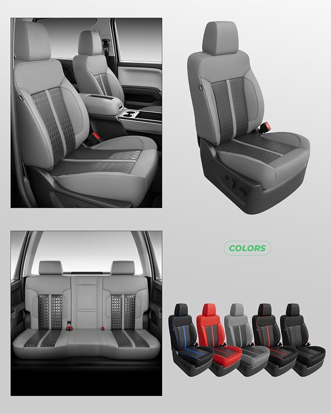 Custom Leather Seat Covers for 2014-2018 Sierra/Silverado 1500 | Only Crew Cab, Fits 2500/3500HD 2015-2020, no Rear Armrest/Seatback Storage, Waterproof, Scratch-resistant, Easy-clean
