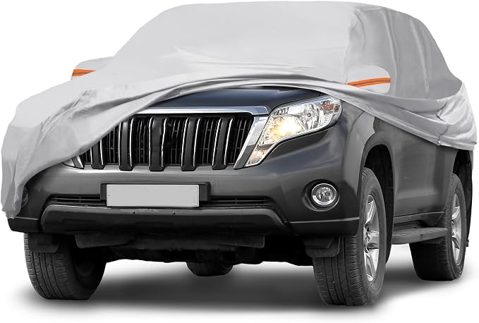Silver Tone Heavy Duty Waterproof Car Cover for SUV 191"-199" - All-Weather UV Protected Outdoor Full Exterior Cover with Sun/Snow/Rain Resistance