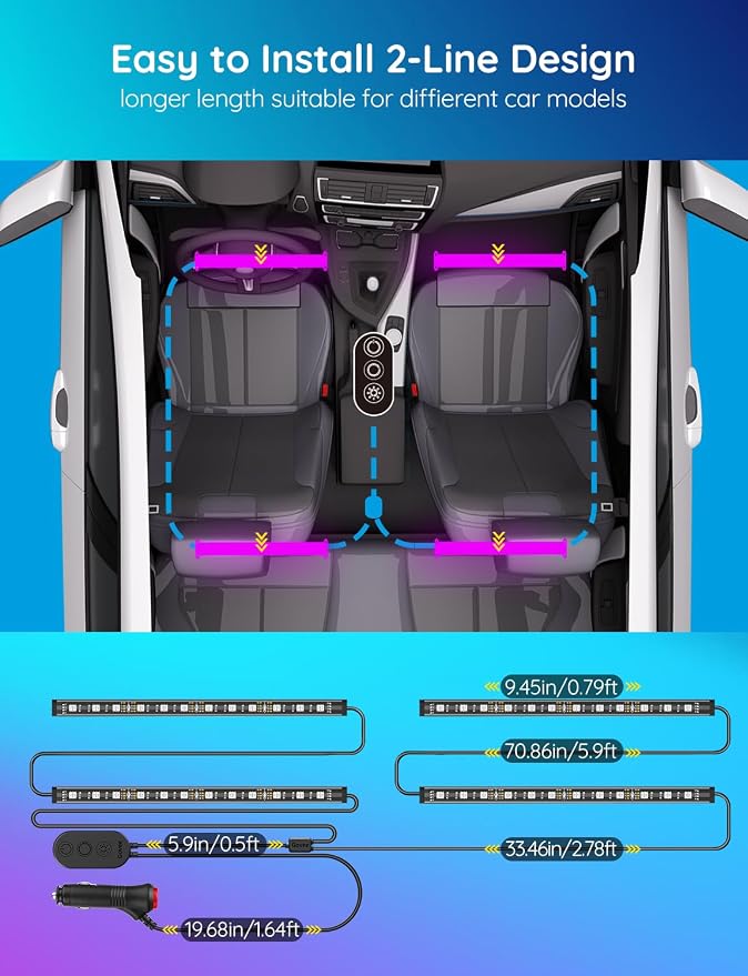Govee Car LED Lights, RGB Smart Car Interior Lights, App Control | DIY Mode and Music Mode, 2 Lines Design LED Lights for Cars with Car Charger, 12V