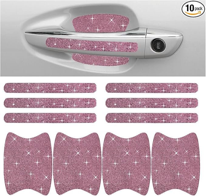 JOYCOURT 10PCS Bling Car Door Handle Anti-Scratch Sticker, Pink | Universal Car Door Handle Cup Protective Cover, Adhesive Door Bowl Sticker, Shiny Rhinestone Auto Decor Accessories for Women