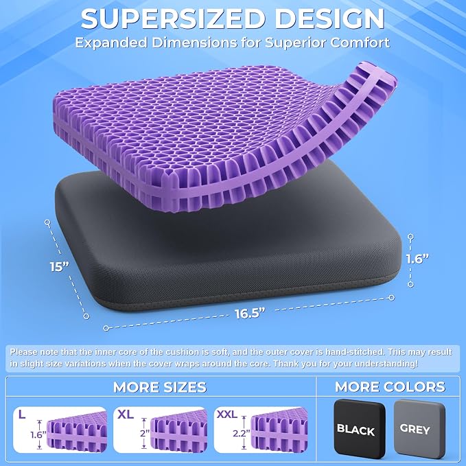 TushGuard Gel Seat Cushion, Enlarged & Thickened Patent Design-Grey | Breathable Cooling Chair Pad, Soft Car Seat Cushion for Wheelchair