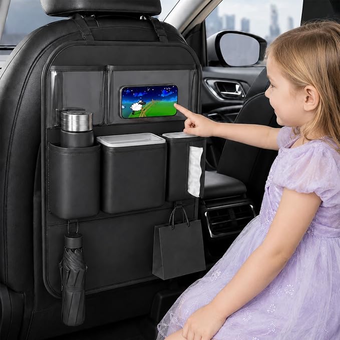 Car Back Seat Organizer, PU Leather Storage Pockets, Black 1 Pack | PU leather seat protector, storage pockets, cup pockets, tissue holder, 1 pack