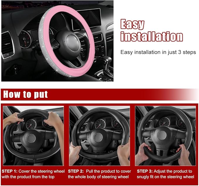 povtii Bling Car Steering Wheel Cover, Sparkling Crystal Rhinestone Auto Wheel Protector, Anti Slip Cover Fit 15 Inch Steering Wheel for Women Girls, Universal Car Accessories (White+Pink)