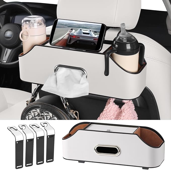 Car Rear Backseat Extra Multifunctional Drink Cup Holder Organizers with Tissue Storage Box Organizer & Hooks for Car Seat Back. White