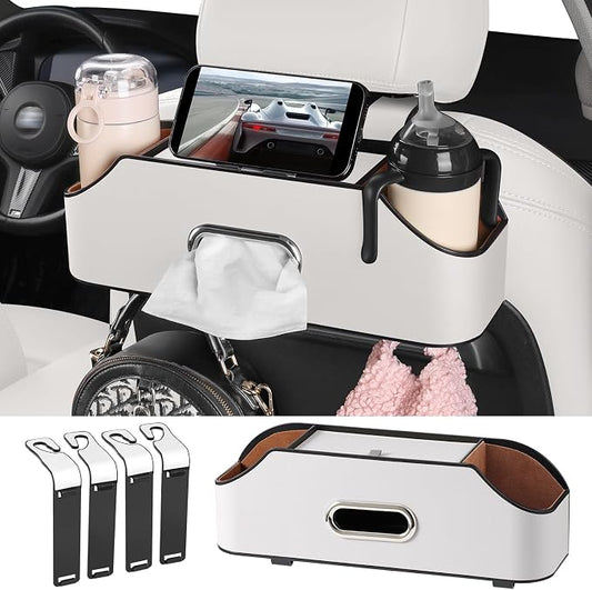 Car Rear Backseat Extra Multifunctional Drink Cup Holder Organizers with Tissue Storage Box Organizer & Hooks for Car Seat Back. White