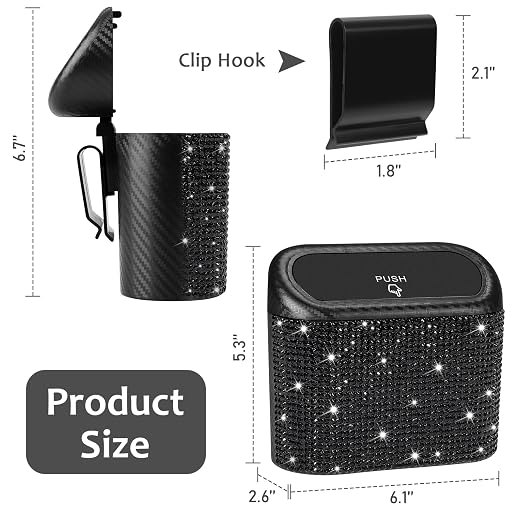 Accmor Bling Car Trash Can with Lid, Mini Vehicle Trash Bin, Car Dustbin Garbage Organizer with 60 Trash Bag, Leakproof Auto Storage Bag Container for Car, Home, Office (Carbon Fiber&Black Rhinestone)
