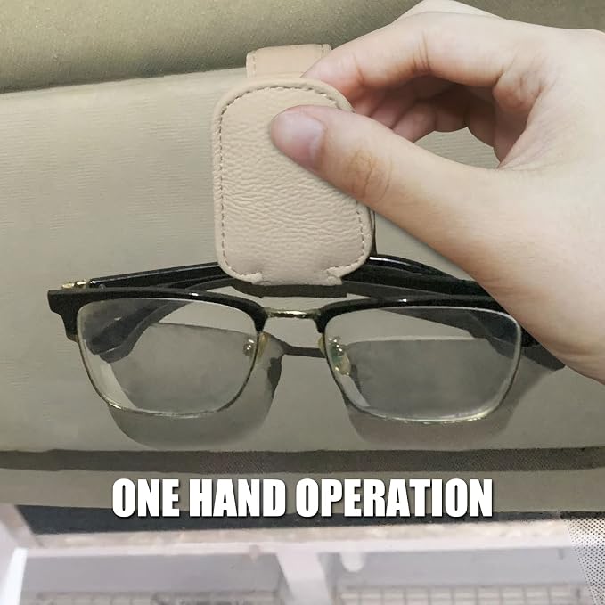 2 Pack Magnetic Leather Car Visor Sunglass Holder (Beige) | Leather Glasses Eyeglass Hanger Clip for Car, Sunglass Clip Glasses Holder for Car Visor