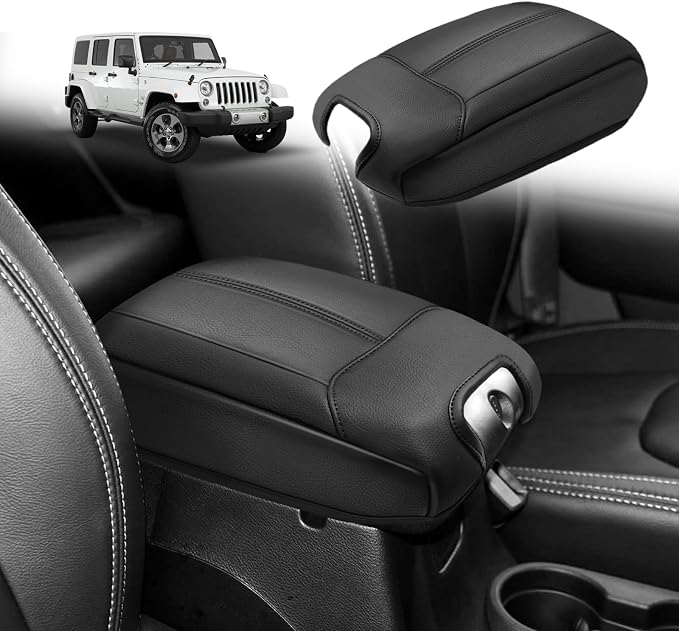 Muslogy Center Console Armrest Cover Fit for Jeep Wrangler JK JKU 2011-2017 Accessories, Comfort Armrest Pad Console Lid Cushion Vegan Leather Regular Thick