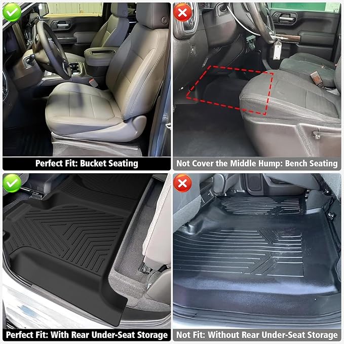 Floor Mats Full Sets for 2019-2025 Chevy Silverado/GMC Sierra 1500 Crew Cab | All Weather Car Mats for 2020-2025 Chevrolet Silverado/GMC Sierra 2500HD/3500HD Crew Cab with Rear Under-Seat Storage