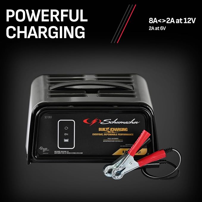 Schumacher Electric 8A Car Battery Charger and Maintainer, 3-in-1 Solution, for 6V/12V Power Sport, Automotive, and Marine Batteries, SC1363 (Pack of 2)