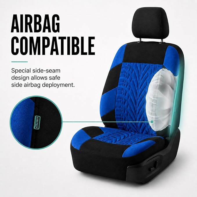 FH Group Full Set Travel Master Car Seat Covers, Airbag and Split Rear Car Seat Cover Universal Fit Interior Accessories for Cars Trucks SUV, Automotive Seat Covers, Blue
