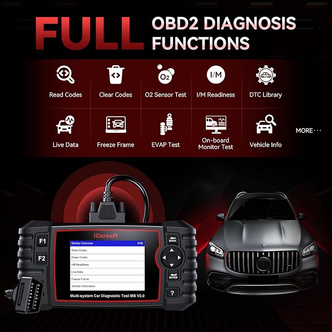 iCarsoft Bidirectional Diagnostic Tool for Most Mercedes-Benz/Sprinter/Smart from 1996-2025 MB V3.0 2026 Version Up to 39 Service Full System OBD2 Scanner All Test AutoVIN Battery Test Free Update