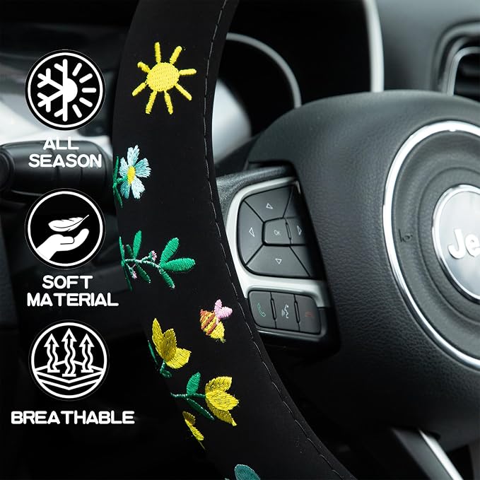Embroidered Floral Bee Cute Black Steering Wheel Cover, Auto Anti-Slip Breathable Steering Wheel Protector,Floral Car Accessories for Women,Universal Size Fit Most Cars -15 inch