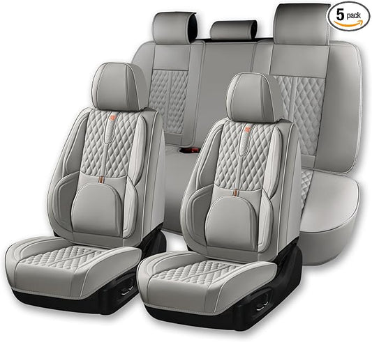 Car Seat Cover Complete Set, Light Gray, Suitable for Most Cars | with Lumbar Support, Premium Artificial Leather, Waterproof and Easy to Clean, Airbag Compatible