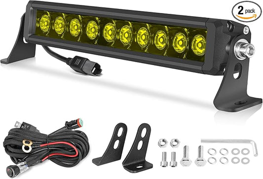 OFFROADTOWN 12inch 100W LED Light Bar Amber Single Row Fog Lights Offroad Driving Lights Yellow Slim Spot Bumper Grille Bars with Wiring Harness for Truck Pickup UTV ATV Jeep Toyota RZR