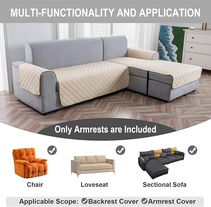 Genina Sofa Armrest Cover, Anti-Slip Armchair Slipcovers for Dogs Cats Pet, Water Resistant Couch Arm Cover for Backrest Recliner Loveseat, L Shaped Sofa, 23.6 x 27.5 Inches（2 Pieces）