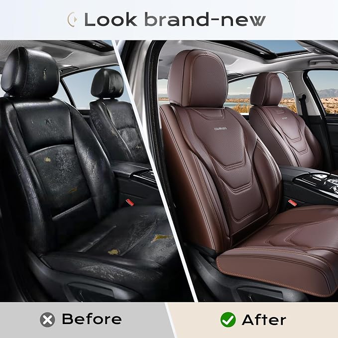 Coverado Car Seat Covers Front Seats, 2 Piece Car Seat Protector Waterproof Leather Seat Cushion Universal Fit for Truck Automotive Vehicles Brown