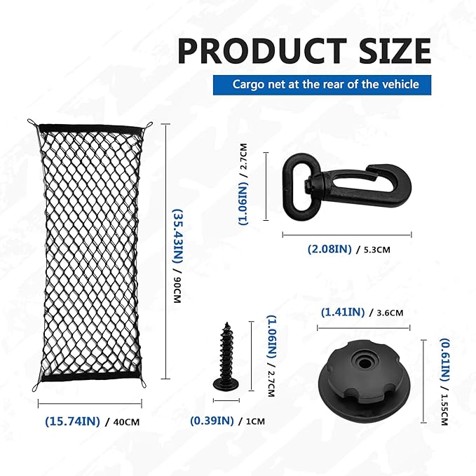 Car Rear Cargo Net Exterior Accessories, Adjustable Elastic Trunk Cargo Storage Organizer Net, Nylon Mesh Double-Layer with Hooks Compatible with Car, Trucks, SUV (35.4"x 15.7")