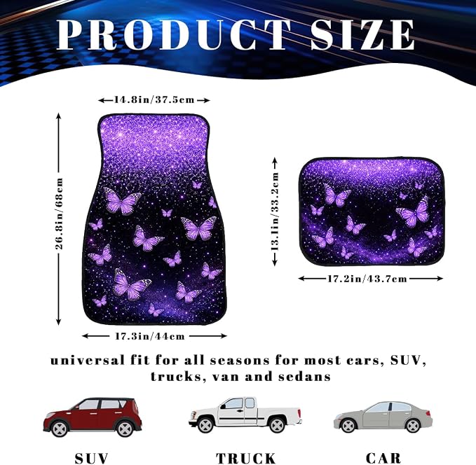 Butterfly Car Floor Mats Set of 4 Purple Glitter Galaxy Dream Carpet Front Rear Carpets Mat Decorative Car Floor Carpets Non-Slip Auto Car Accessories Universal Fit for Car SUV Truck Van