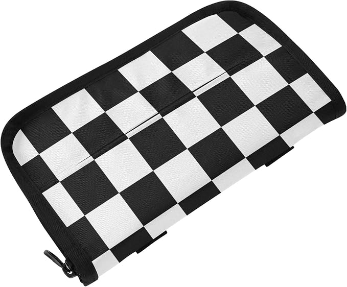 Car Tissue Holder Napkin Box Dispenser Storage Case Sun Visor Mask Holder With Adjustable Straps Reusable Refillable Checkered Black and White