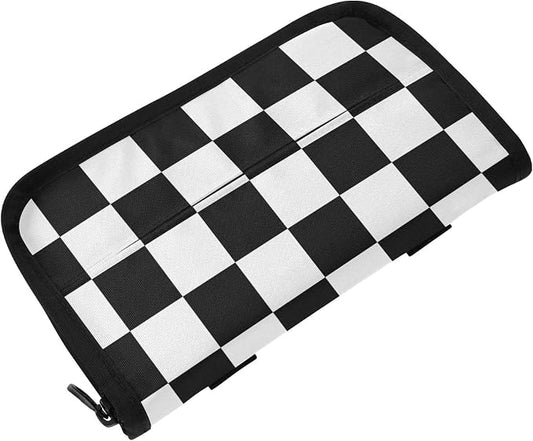 Car Tissue Holder Napkin Box Dispenser Storage Case Sun Visor Mask Holder With Adjustable Straps Reusable Refillable Checkered Black and White