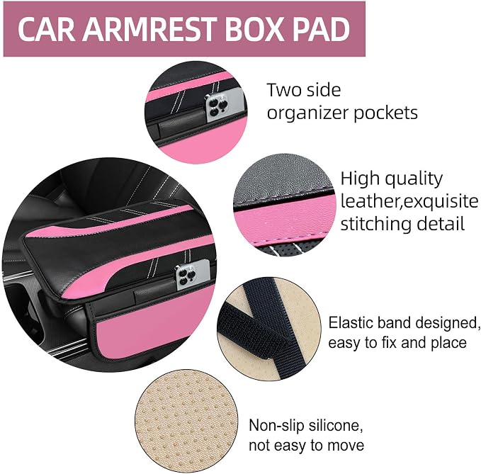 NBTEPEM 10 Pcs Car Floor Mats Full Set & Sport Leather Steering Wheel Cover 14.5-15 inch, Center Console Cover, Seat Belt Cushion, Cup Holder Coaster, Universal Automobile Interior Sets (Pink)