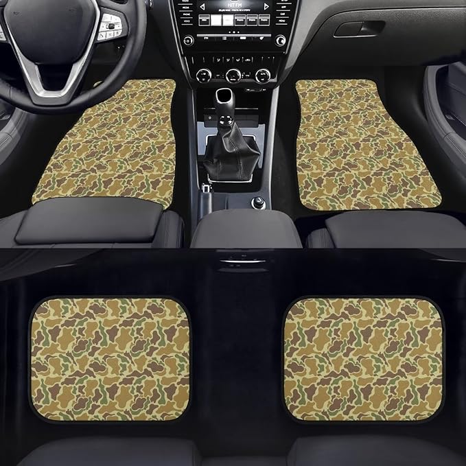 Green Camo Print Car Floor Mats Set of 4 Military Camouflage Universal Vehicle Floor Carpet Decorative Auto Front Rear Foot Rugs for Trucks SUV Sedan