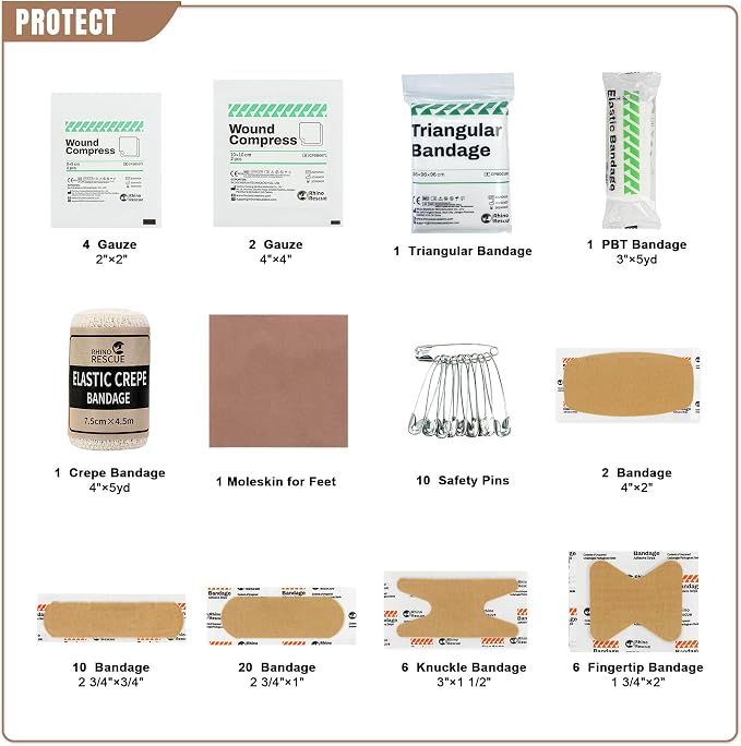 RHINO RESCUE Survival First Aid Kit for Hiking, Backpacking | Portable Size, IFAK Molle Pouch, Essential Outdoor Gear, 100+ First Aid Supplies, 20+ Survival Essentials, HSA/FSA Approved