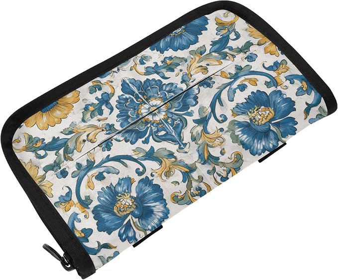 Car Visor Tissue Holder Mask Holder for Car, Car Tissue Box Sun Visor Napkin Holder Car Visor Accessories Adjustable Straps Reusable Durable Easy to Install Floral Blue and Yellow Tile