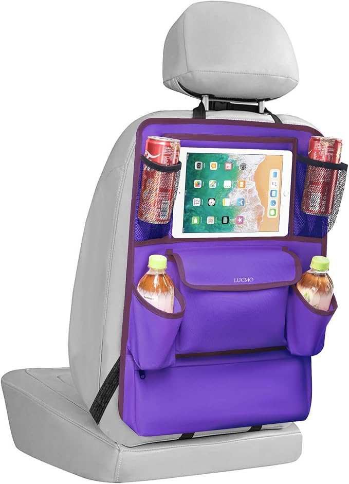 LUCMO Car Backseat Organizer with Touch Screen Tablet Holder, Dark Purple | 9 Storage Pockets,Clear Tablet Holder,Protectors Kick Mats,Travel Accessories,Seat Cover,Road Trip Essentials