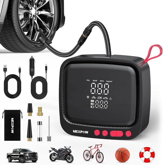 NEXPOW Tire Inflator Portable Air Compressor | Air Pump for Car Tires, 12V DC Power Adapter, 180PSI Electric Tire Pump, Digital Pressure Gauge