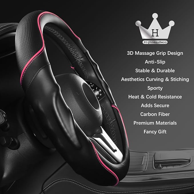 HighnessHwoo 3D Car Steering Wheel Cover Comfort Grip Massage Sporty Anti-Slip Carbon Fiber Faux Leather for Sedan SUV, Universal Fit, Car Handle Covers for All Seasons, 14.75-15.15in, Pink