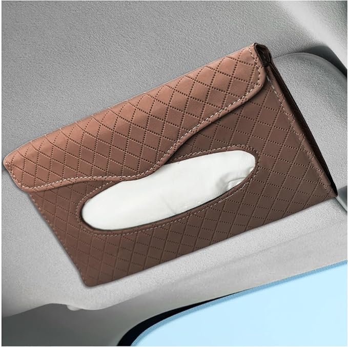 Car Tissue Holder, Auto Sun Visor Napkin Holder Hanging Paper Towel Dispenser with Tissue Refill, Easy Access Leather Paper Towel Storage Case for Most Vehicle Visors (Brown)