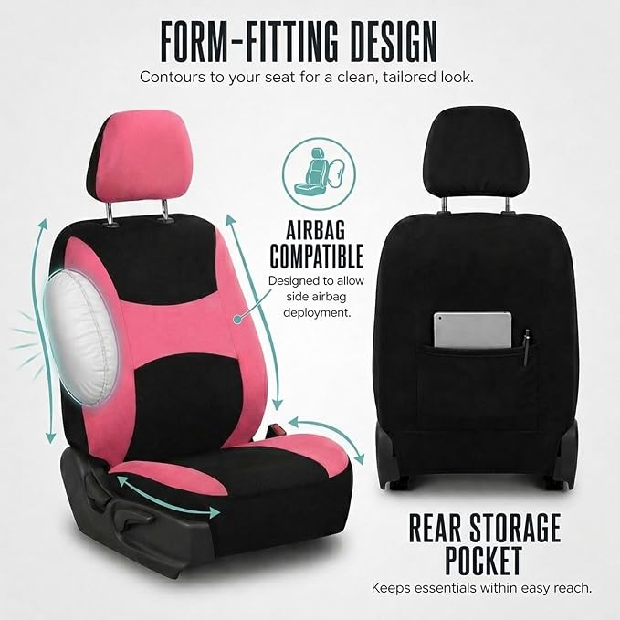 FH Group Full Set Cloth Car Seat Covers, Universal Fit combo, Low Back Front Seat Covers, Airbag Compatible, Split Bench Rear Seat, Washable Seat Cover for SUV, Sedan, Van, Pink