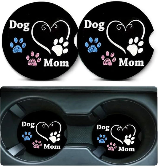 2 Pack Dog Mom Paw Car Cup Holder Coasters Universal Neoprene Coasters | 2.75" Universal Size Anti Slip Rubber Mat, Auto Cup Holder Accessories for SUV Truck, Dog Mom Paw Gifts for Women Men Mom