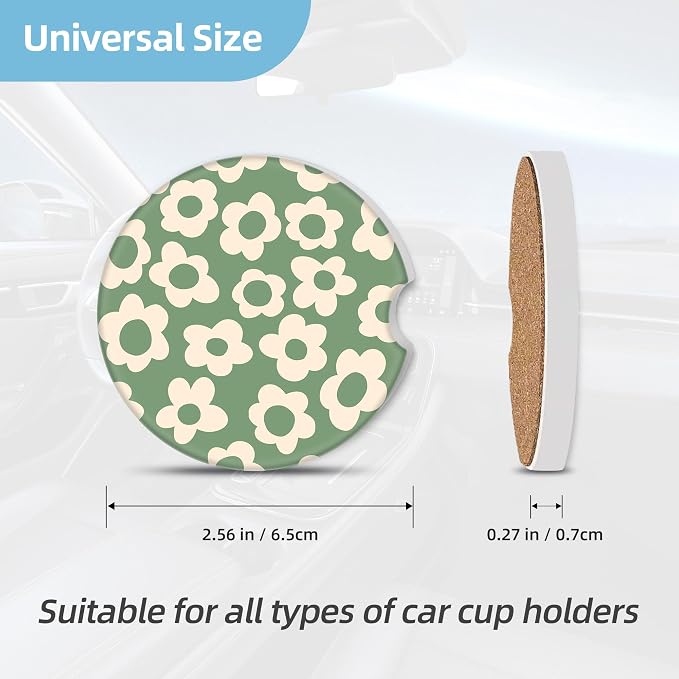 2 Pack Car Coasters for Cup Holders, 2.56" Universal Absorbent Ceramic Stone Car Cup Holder Coasters with Non-Slip Cork Base, Car Interior Accessories for Women Men(Vintage Groovy Flowers)