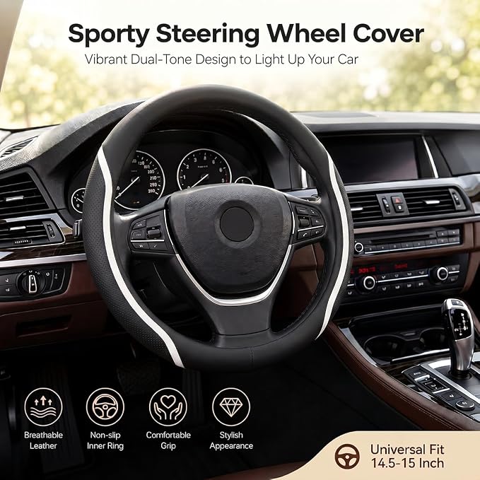Steering Wheel Cover Black and White Leather Universal 14.5-15 inch | Car Steering Wheel Covers with Coasters Breathable Anti-Slip Durable Steering Wheel Accessories Set for SUV Truck Van