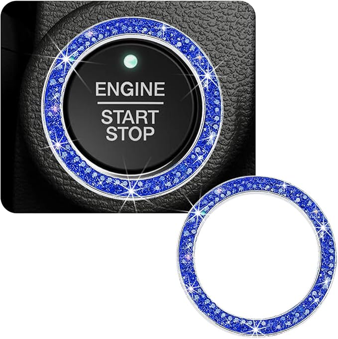 Car Bling Crystal Rhinestone Engine Start Ring Decals, Sparkling Diamond Car Push Start Button Ignition Ring Sticker, Auto Key Ignition Knob Ring Decoration for Women Girls (Dark Blue)