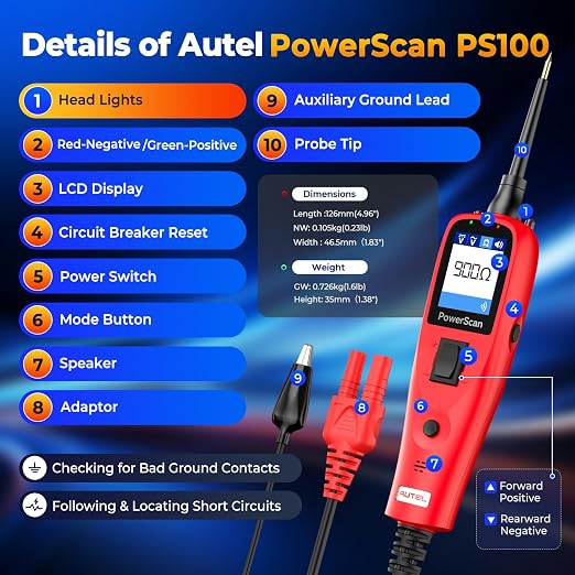 Autel PowerScan PS100 Automotive Circuit Tester 2.0, 12-24V Power Circuit Probe Tool, Electrical Short Open Circuit Finder, AC/DC/Resistance/Component/Signal/Test Light Automotive, 20ft Extension Cord