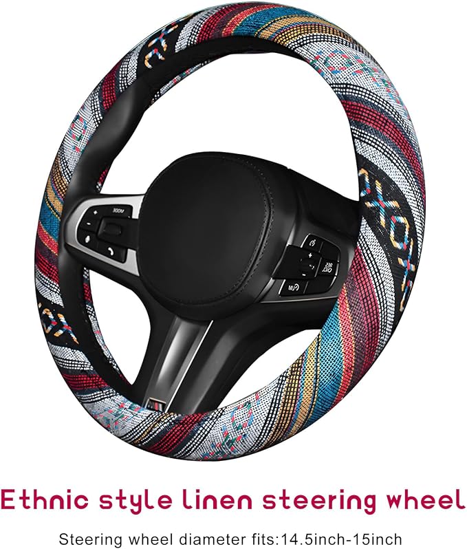 Boho Steering Wheel Cover, Anti-Slip Coarse Flax Cloth Ethnic Style Auto Wheel Cover, Breathable Boho Auto Steering Wheel Protector for Women Men, Car Accessories (Style D)