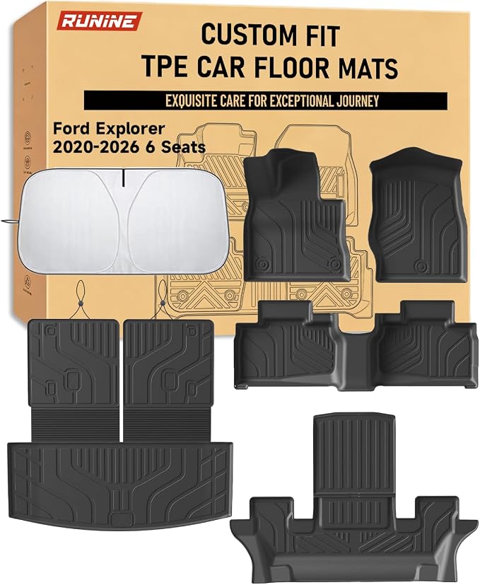 Floor Mats Full Set for Ford Explorer 2020-2026 6 Seater Captain Seats, Custom Fit 3 Row All Weather TPE Floor Liners, Waterproof Heavy Duty Anti-Slip Front & Rear Car Mats