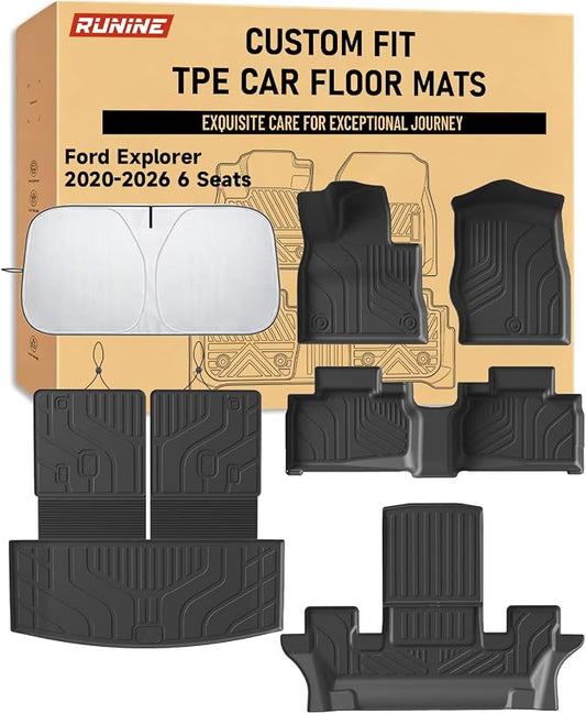 Floor Mats Full Set for Ford Explorer 2020-2026 6 Seater Captain Seats, Custom Fit 3 Row All Weather TPE Floor Liners, Waterproof Heavy Duty Anti-Slip Front & Rear Car Mats