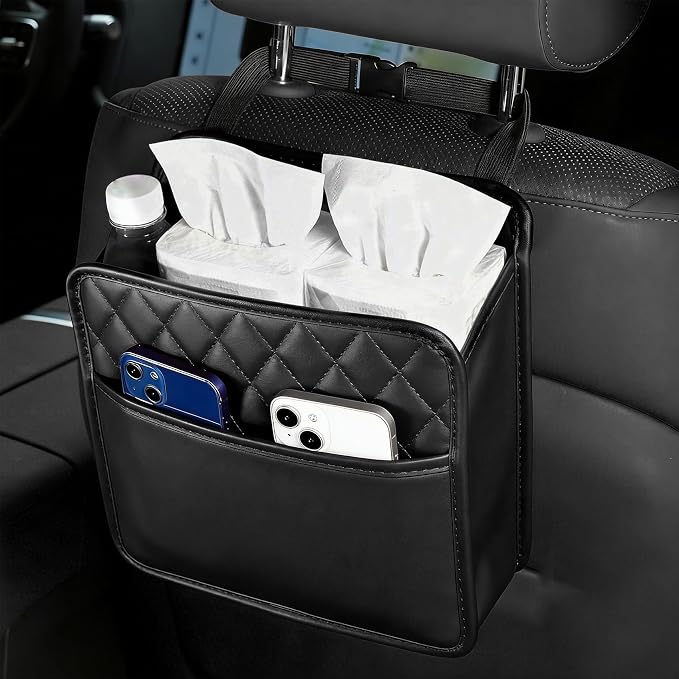Car Seat Back Organizer, Car Organizers and Storage, PU Leather Vehicle Backseat Hanging Storage Pocket, Multipurpose Auto Organizer Hanging Universal for Most Vehicles (Black without Pocket)