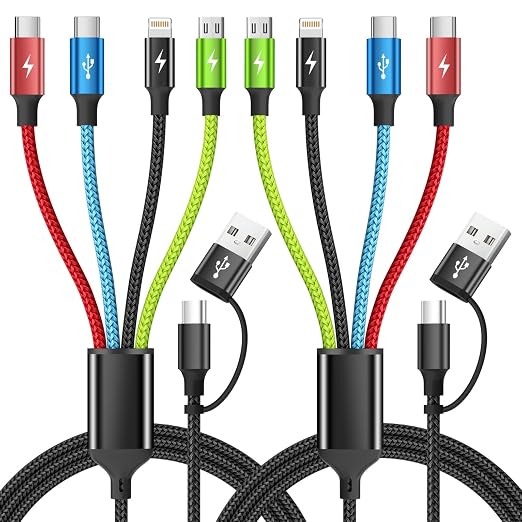 4 in 2 Multi Charging Cable, 2 Pack 5FT Dual Input Charging Cords | USB A & USB C Inputs with Dual USB C, IP & Micro Outputs, Travel Essentials, Phone Charger for Multiple Devices