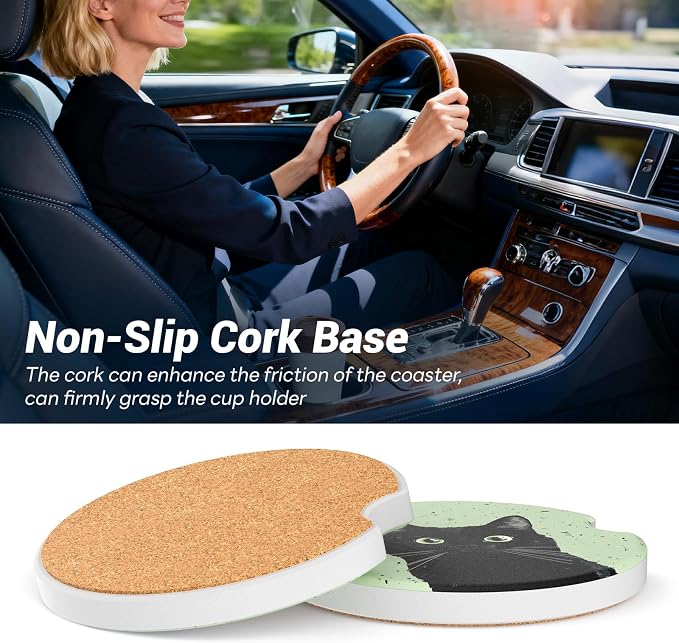 Car Cup Holder Ceramic Coasters 2 Pack, 2.56 in Anti Slip Absorbent Coaster with Cork Base and Finger Notch, Funny Cute Car Accessories Interior for Women, Terrazzo Cat