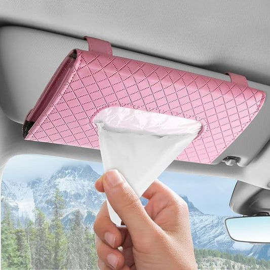 Wuyaoyao Car Tissue Holder, Auto Sun Visor Napkin Holder Mask Holder, Premium PU Leather Car Tissue Holder Visor Tissue Dispenser, Universal Sun Visor Tissue Box for Most Vehicle (Plaid-Pink)