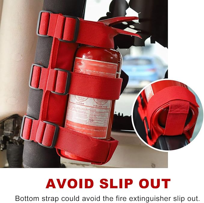 Ohleats Roll Bar Fire Extinguisher Holder, Adjustable Fire Extinguisher Mount Strap with American Flag Pattern, Car Accessories Fixed Belt for Wrangler JK JKU TJ CJ (No Pattern, Red, 2 PCS)